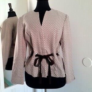 KS Petite Collection Lightly Padded Blazer Jacket Tie Front Tan Geometric  6P